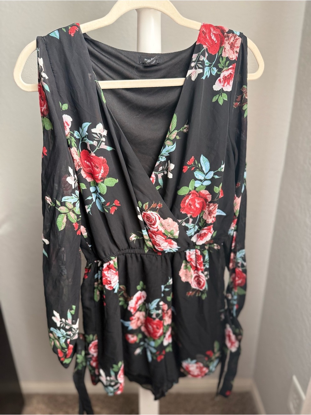 Rue21 Black Long-Sleeve Floral Romper with Red Roses